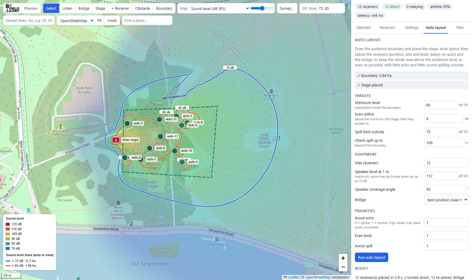 Actual FieldKast Planner screen showing speaker positions and sound-level contours on an outdoor site